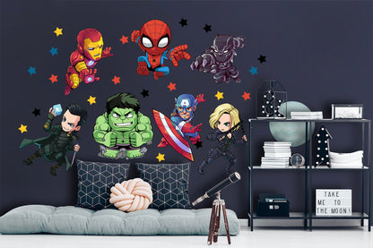 Cartoon Marvel World Avengers Superhero Wall Decal - Thor Hulk Spiderman Iron Man Captain America