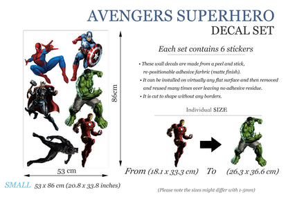 Superhero Hulk Spiderman Iron Man Captain America Avengers Thor Panther Wall Decal - Boys Room Decoration