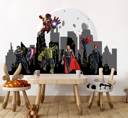 Marvel Heroes Cityscape Skyline Silhouette Wall Decal - Hulk Spiderman Captain America