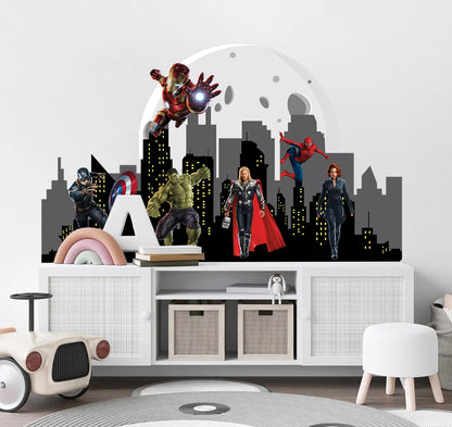 Marvel Heroes Cityscape Skyline Silhouette Wall Decal - Hulk Spiderman Captain America