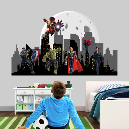 Marvel Heroes Cityscape Skyline Silhouette Wall Decal - Hulk Spiderman Captain America
