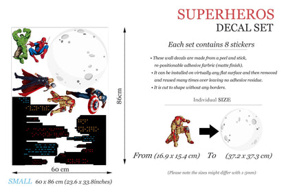 Marvel Heroes Epic Cityscape Wall Decal - Spiderman Iron Man Hulk - Boys Room Decoration