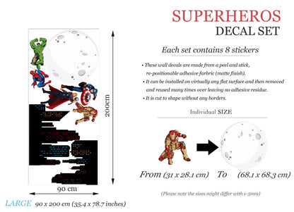 Marvel Heroes Epic Cityscape Wall Decal - Spiderman Iron Man Hulk - Boys Room Decoration
