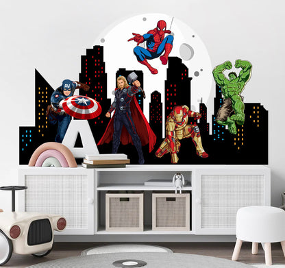 Marvel Heroes Epic Cityscape Wall Decal - Spiderman Iron Man Hulk - Boys Room Decoration