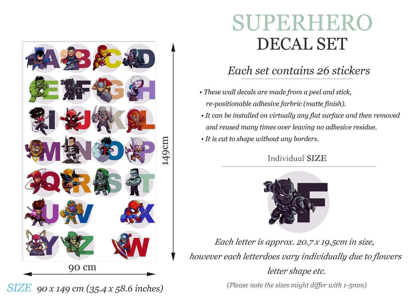 Superhero Avengers Alphabet ABC Capital Letters Squad Wall Decal