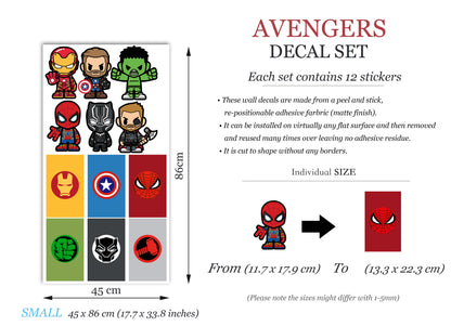 Marvel Superheroes with Logo Flags Wall Decal - Spiderman Iron Man Captain America - Boys Room Decoration