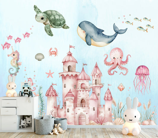 Undersea Castle Marine Life Nursery Wall Mural - Fabric Wallpaper with Whale Sea Turtle Squid Designs - WM035