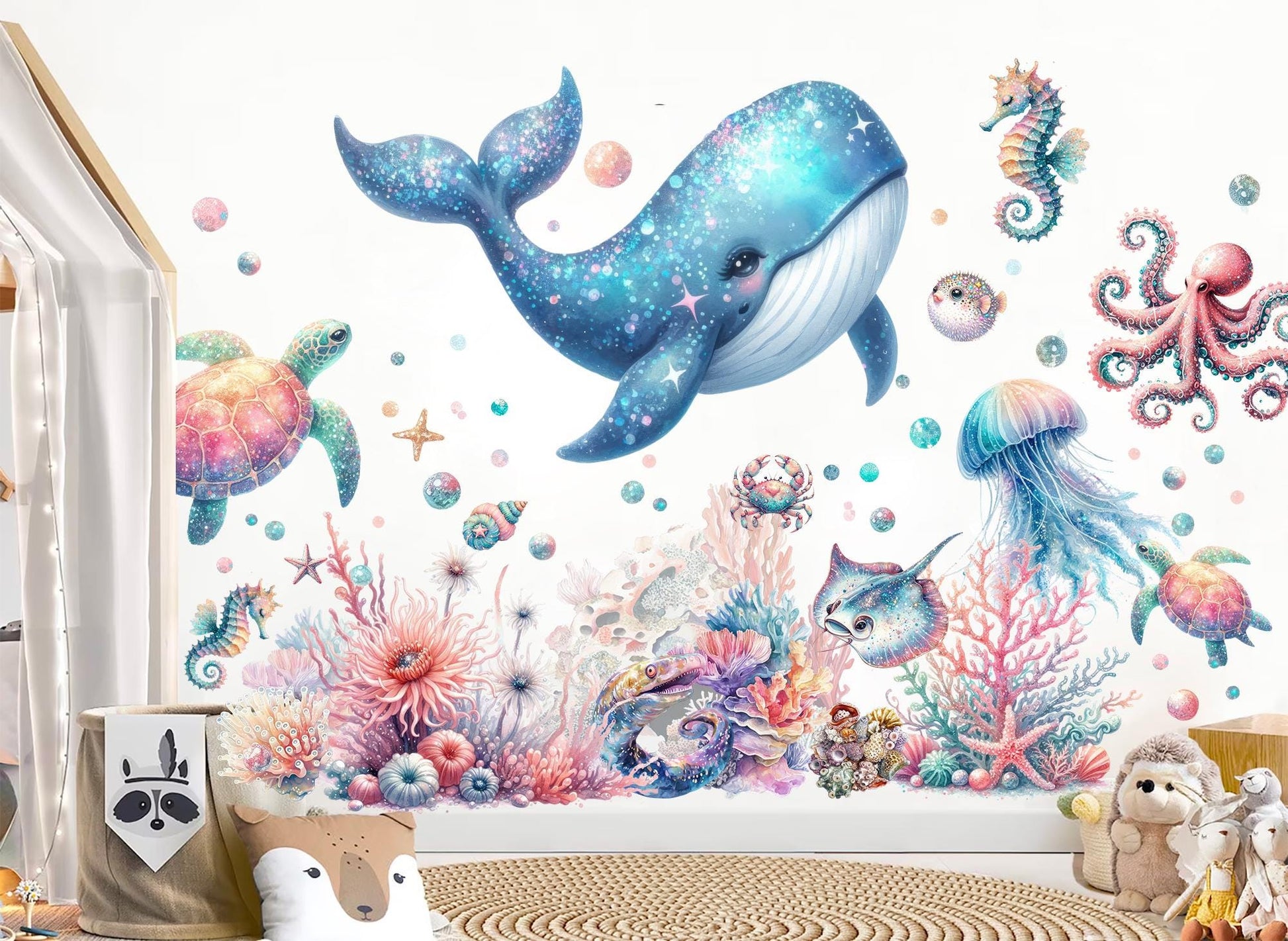 Glowing Ocean Creatures Wall Decals - Whales, Seahorses, Turtles & Octopuses - Removable Peel and Stick - BR496