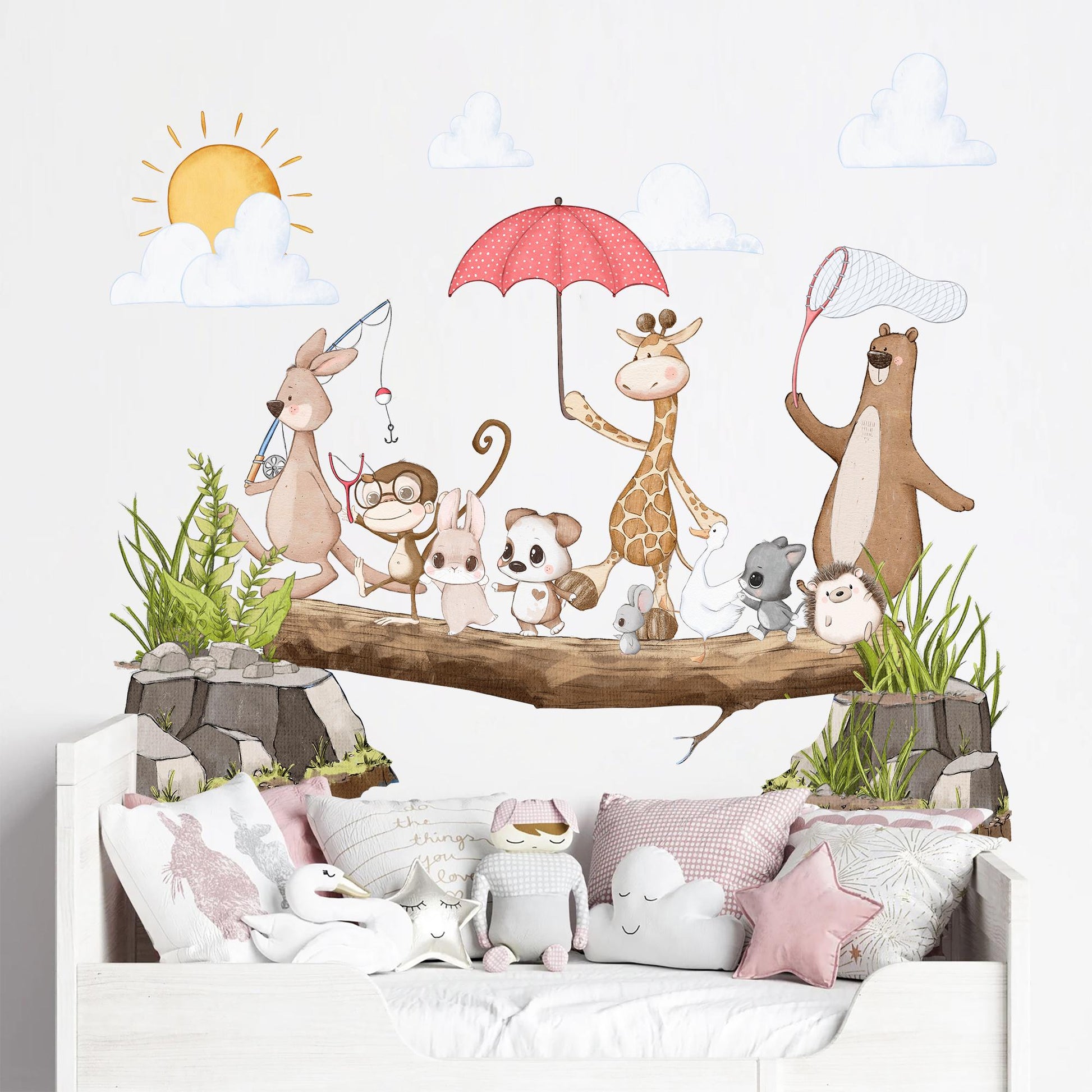 Spring Adventure Animals Wall Art - Koala, Giraffe, Bear, and Playful Puppies - Cute Cartoon Wall Art for Kids' Rooms - BR498
