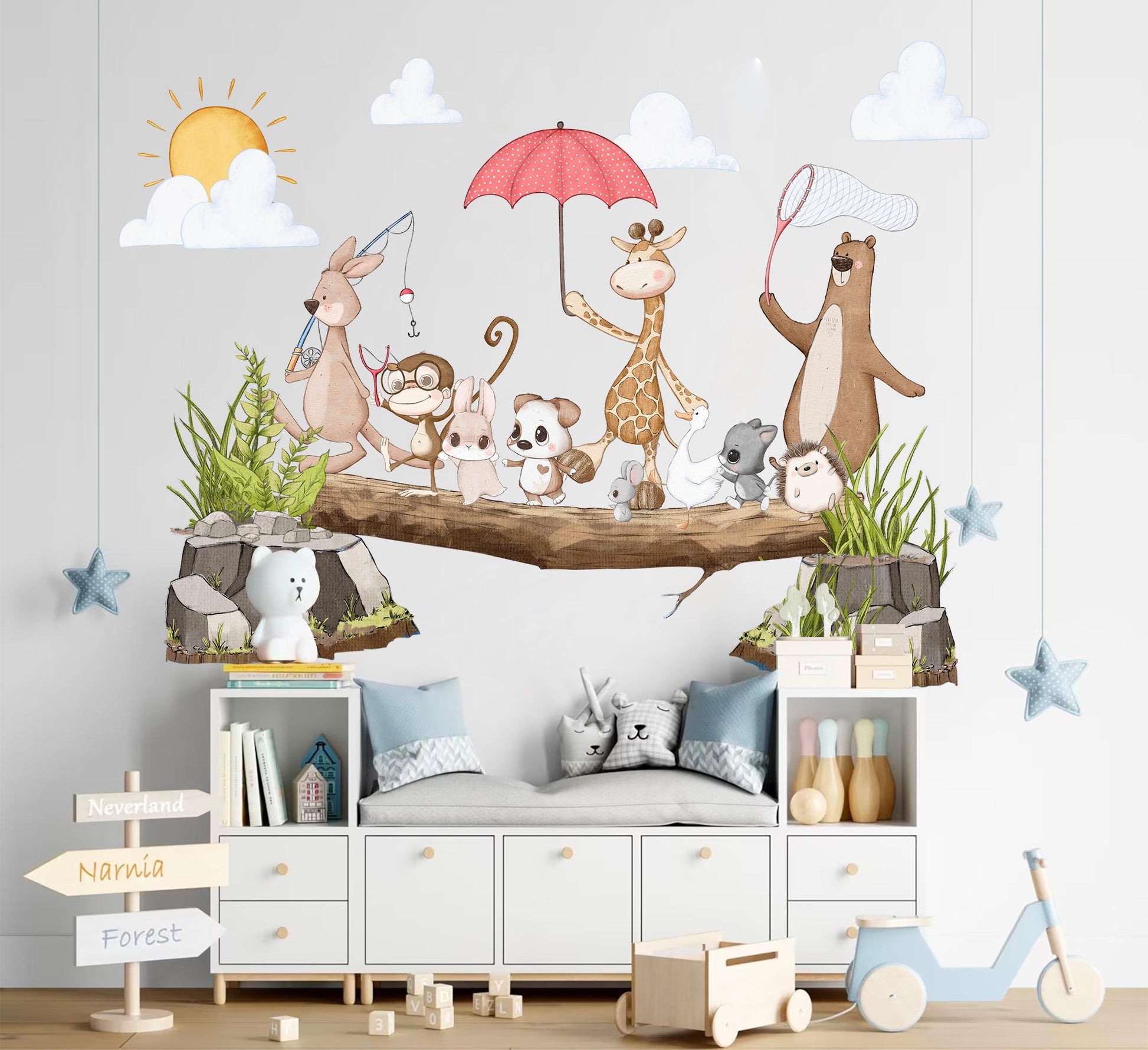 Spring Adventure Animals Wall Art - Koala, Giraffe, Bear, and Playful Puppies - Cute Cartoon Wall Art for Kids' Rooms - BR498
