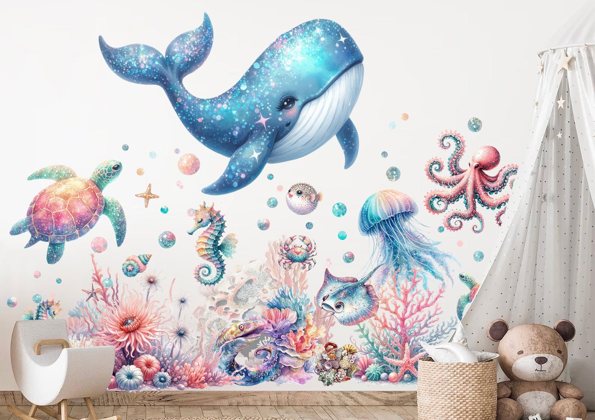 Glowing Ocean Creatures Wall Decals - Whales, Seahorses, Turtles & Octopuses - Removable Peel and Stick - BR496