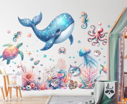 Glowing Ocean Creatures Wall Decals - Whales, Seahorses, Turtles & Octopuses - Removable Peel and Stick - BR496