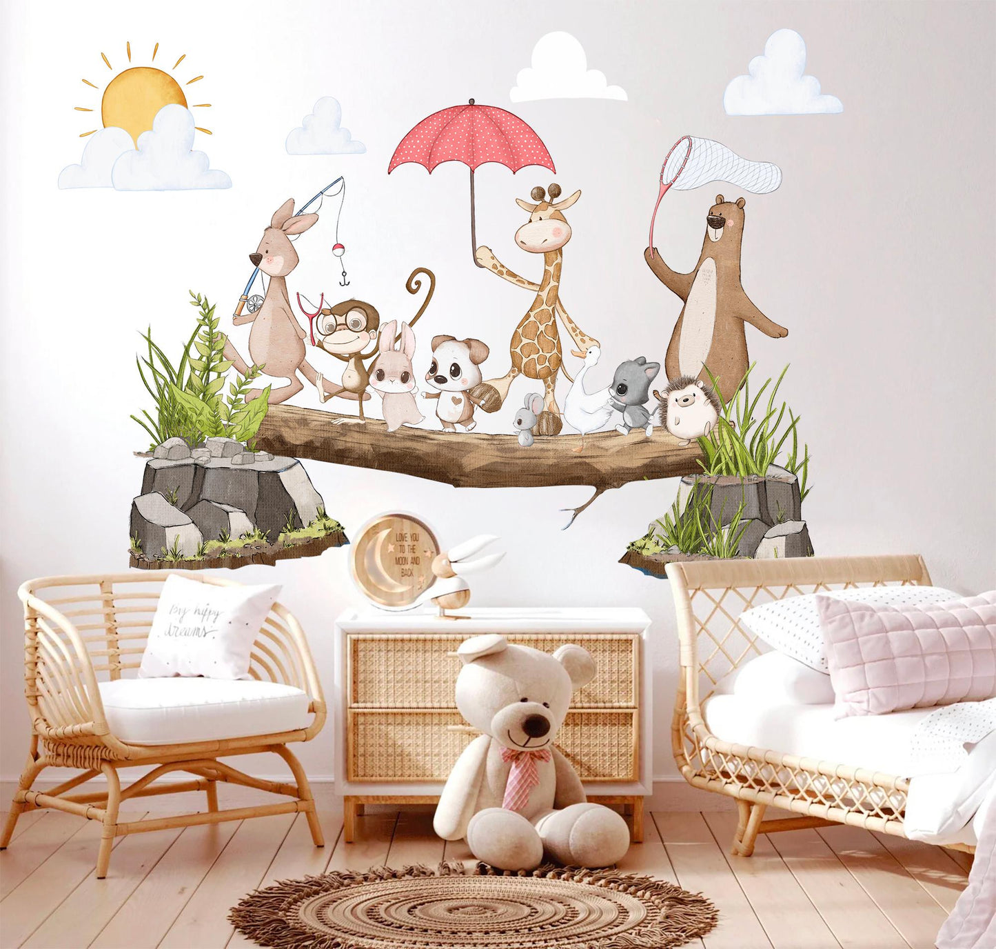 Spring Adventure Animals Wall Art - Koala, Giraffe, Bear, and Playful Puppies - Cute Cartoon Wall Art for Kids' Rooms - BR498