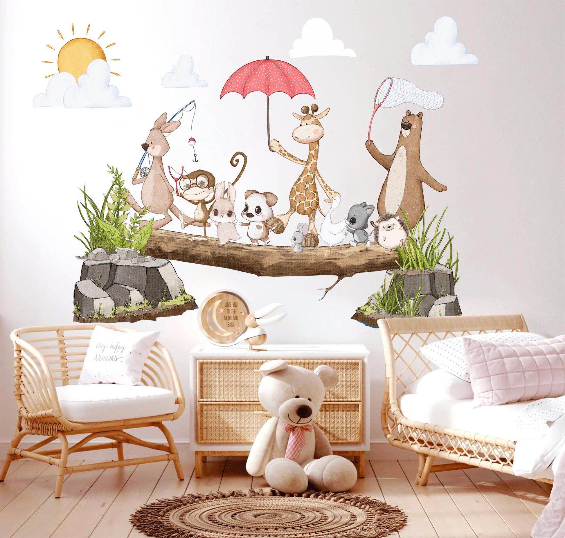Spring Adventure Animals Wall Art - Koala, Giraffe, Bear, and Playful Puppies - Cute Cartoon Wall Art for Kids' Rooms - BR498
