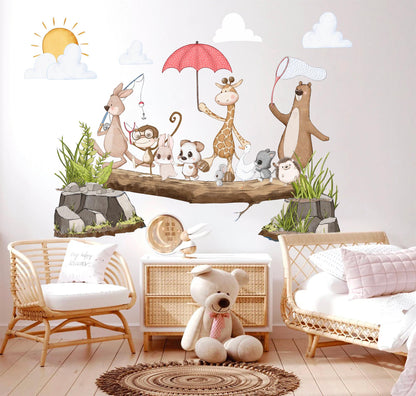 Spring Adventure Animals Wall Art - Koala, Giraffe, Bear, and Playful Puppies - Cute Cartoon Wall Art for Kids' Rooms - BR498