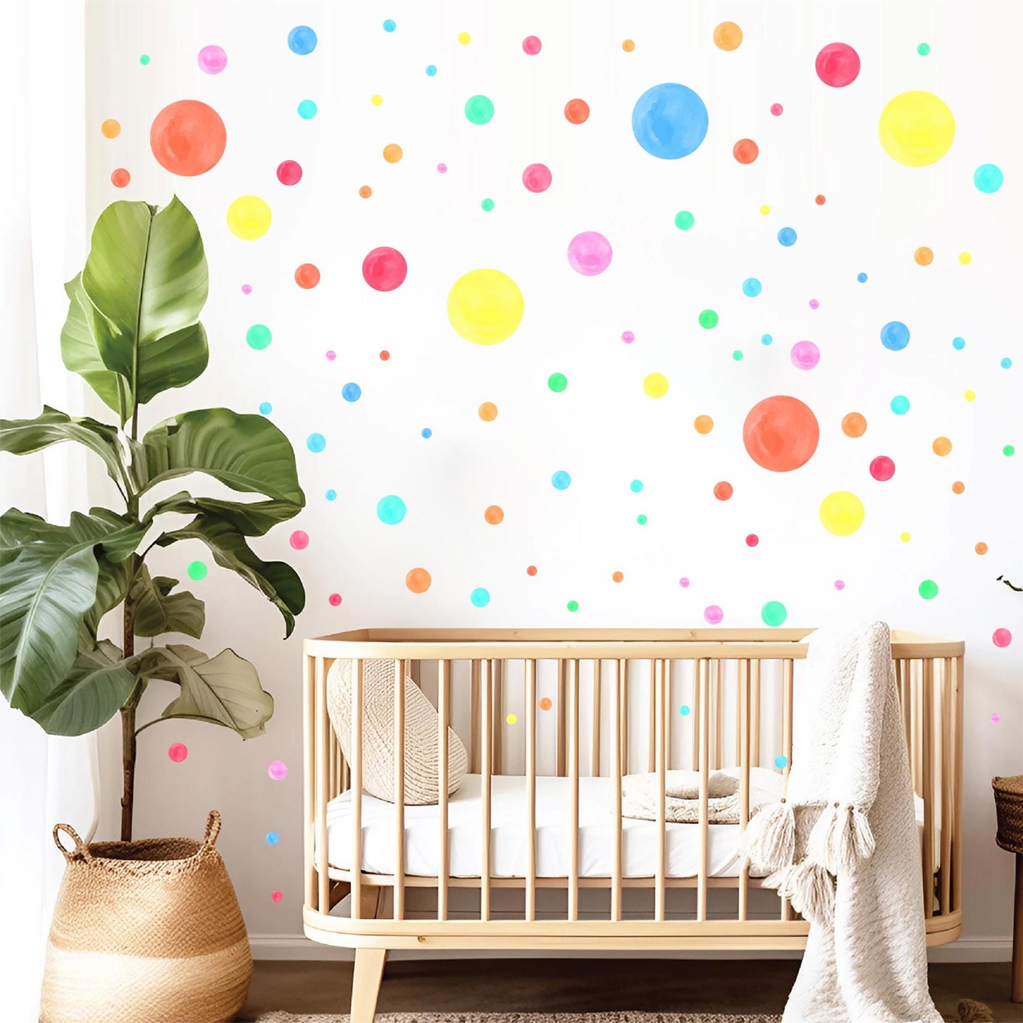 Bright rainbow polka dot wall decals for nursery