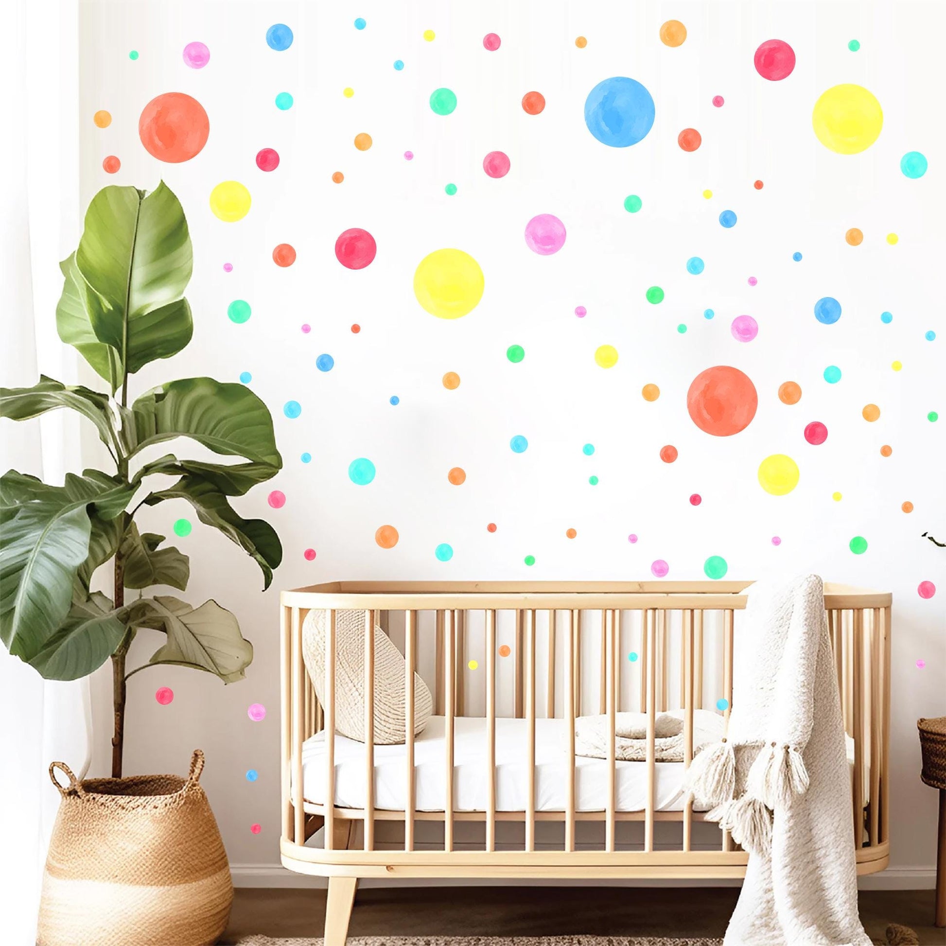 Bright rainbow polka dot wall decals for nursery
