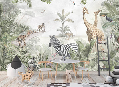 Jungle Safari Animals Wall Mural – Watercolour Tropical Wallpaper for Kids' Room