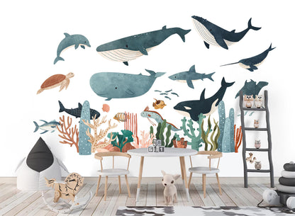 Underwater Ocean Whale Shark Wall Decals – Watercolor Sea Life Nursery Fabric Stickers – Kids Room Removable Mural