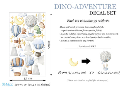 Watercolor Dinosaur Hot Air Balloon Wall Decals – Removable Cute Dino Stickers – Dreamy Wall Art for Nursery, Playroom or Kids Room