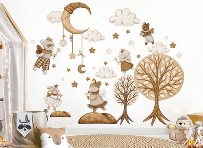 Watercolor Goodnight Animal Wall Decals – Removable Sleepy Forest Fairy Stickers – Dreamy Nighttime Wall Art for Nursery or Kids Room
