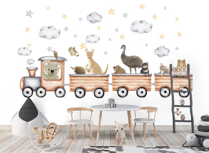 Australian Animal Train Wall Decals – Koala Kangaroo Emu Wombat Nursery Stickers | Fabric Removable Baby Room Decor