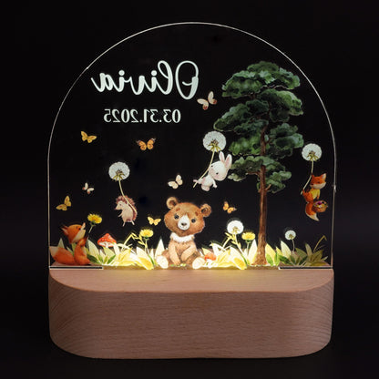 Bear fox bunny hedgehog woodland design acrylic night light