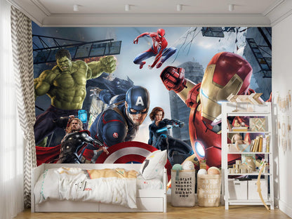 Avengers Superhero Wall Mural for Kids | Hulk Iron Man Spider-Man Wallpaper | Galaxy 3D Break Wall Decal