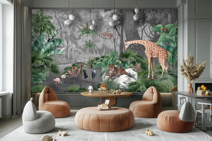 Watercolor Jungle Safari Animal Wall Mural - Removable Fabric Wallpaper for Nursery & Kids Room