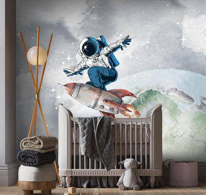Rocket Astronaut Wall Mural – Space-Themed Peel & Stick Fabric Wallpaper for Kids Room, Nursery Galaxy Art, Custom Sizes