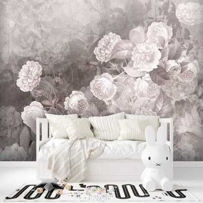 Romantic Vintage Flower Wall Mural – Pink Peony & Butterfly Fabric Wallpaper for Nursery or Living Room