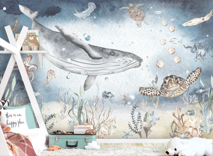 Ocean Whale Sea Turtle Wall Mural - Deep Blue Watercolor Kids Room Wallpaper - Removable Fabric Wall Art for Nursery & Playroom