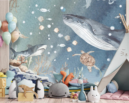 Underwater Whale & Ocean Friends Wall Mural - Blue Sea Watercolor Removable Fabric Wallpaper for Nursery or Playroom