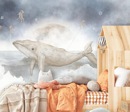 Sleeping Fairy on Whale – Watercolor Wall Mural for Nursery, Ocean Moon Theme