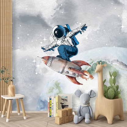 Rocket Astronaut Wall Mural – Space-Themed Peel & Stick Fabric Wallpaper for Kids Room, Nursery Galaxy Art, Custom Sizes