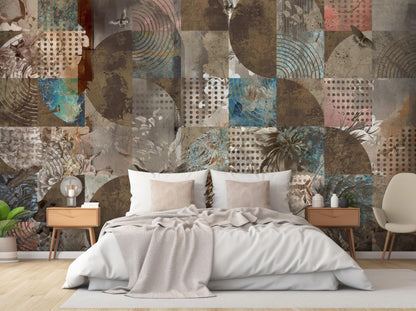 Vintage Abstract Geometric Floral Wall Mural - Peel and Stick Removable Fabric Wallpaper for Bedroom & Living Room