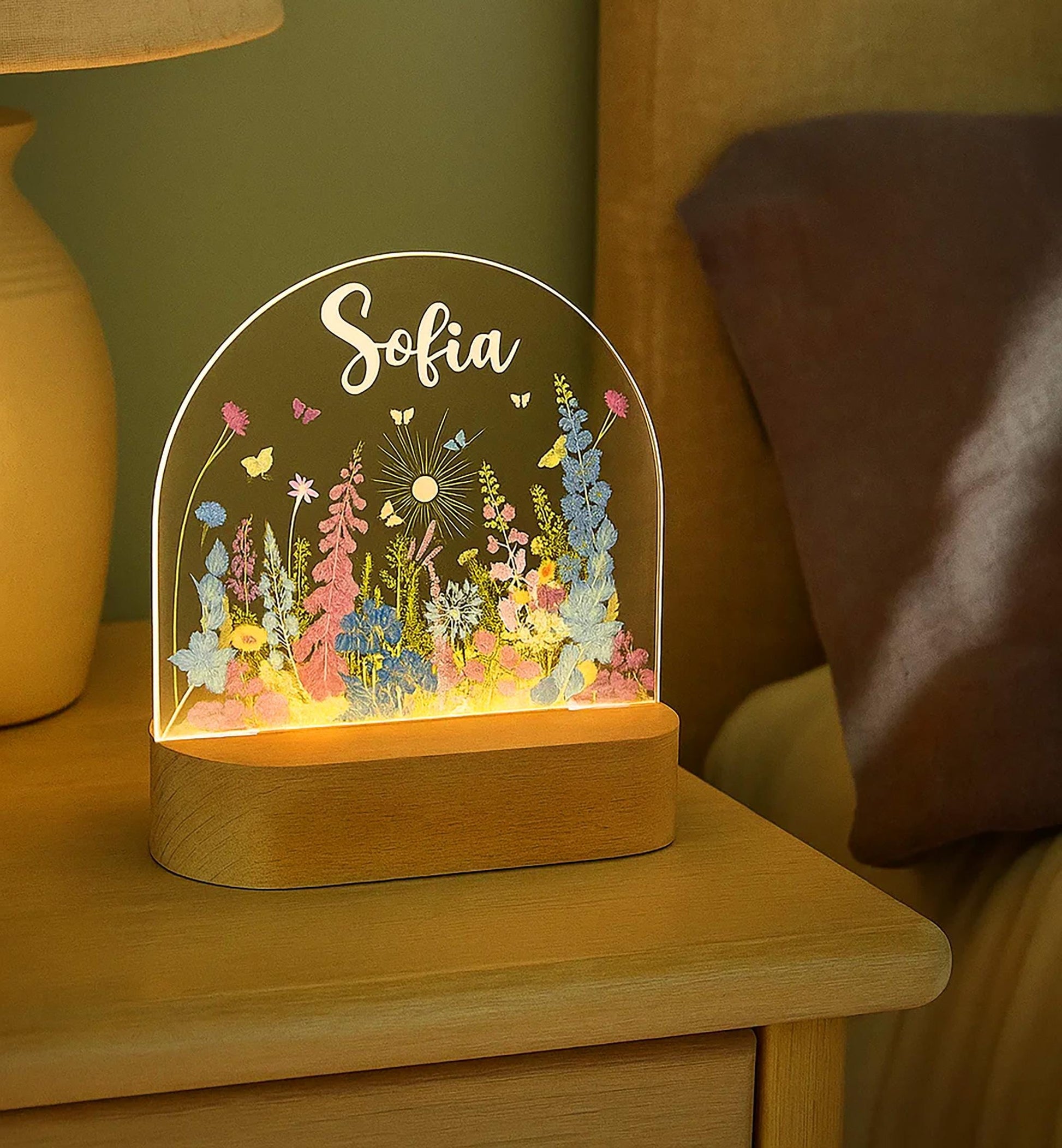 Custom Name Floral LED Night Light for Kids Room