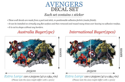 Avengers 3D Wall Decal Hulk Spiderman Iron Man Captain America Superheroes coming out 3D Smashed Wall Sticker