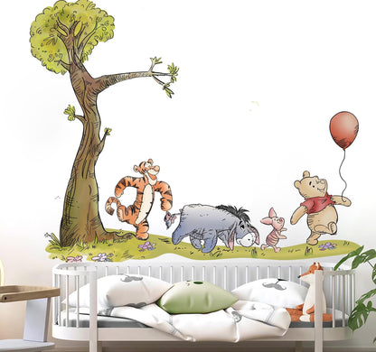 Winnie the Pooh Wall Decal – Tree & Friends Nursery Wall Sticker – Large Removable Fabric Mural for Kids Room