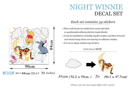 Night Winnie Wall Decals – Sleeping Pooh Tigger Piglet Eeyore Nursery Stickers – Removable Fabric Baby Room Decor