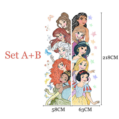 Princess Wall Decal for Girls Room – Cartoon Door Height Sticker | Peel and Stick Fabric Mural | 2 Sets Available