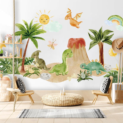 Dinosaur Wall Decals for Kids Room | Jungle Volcano Dino Fabric Stickers | Large Removable Nursery Wall Decor Set