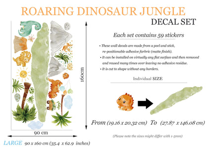 Roaring Dinosaur Jungle Wall Decal – Watercolor Dino Nursery Sticker – Reusable Peel and Stick Fabric for Baby Room