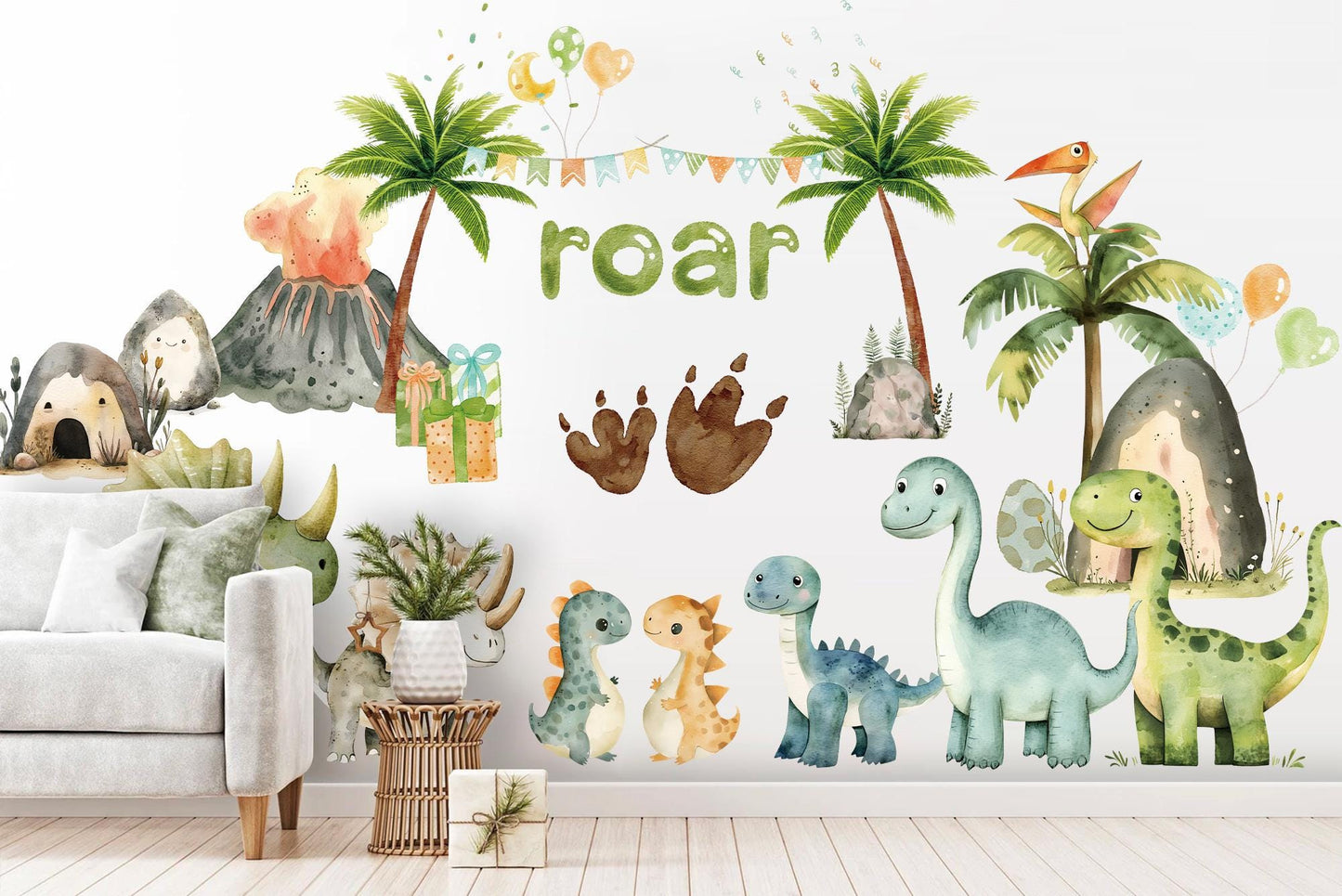Roaring Dinosaur Jungle Wall Decal – Watercolor Dino Nursery Sticker – Reusable Peel and Stick Fabric for Baby Room
