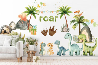 Roaring Dinosaur Jungle Wall Decal – Watercolor Dino Nursery Sticker – Reusable Peel and Stick Fabric for Baby Room
