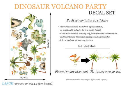 Roaring Dinosaur Jungle Wall Decal – Watercolor Dino Nursery Sticker – Reusable Peel and Stick Fabric for Baby Room