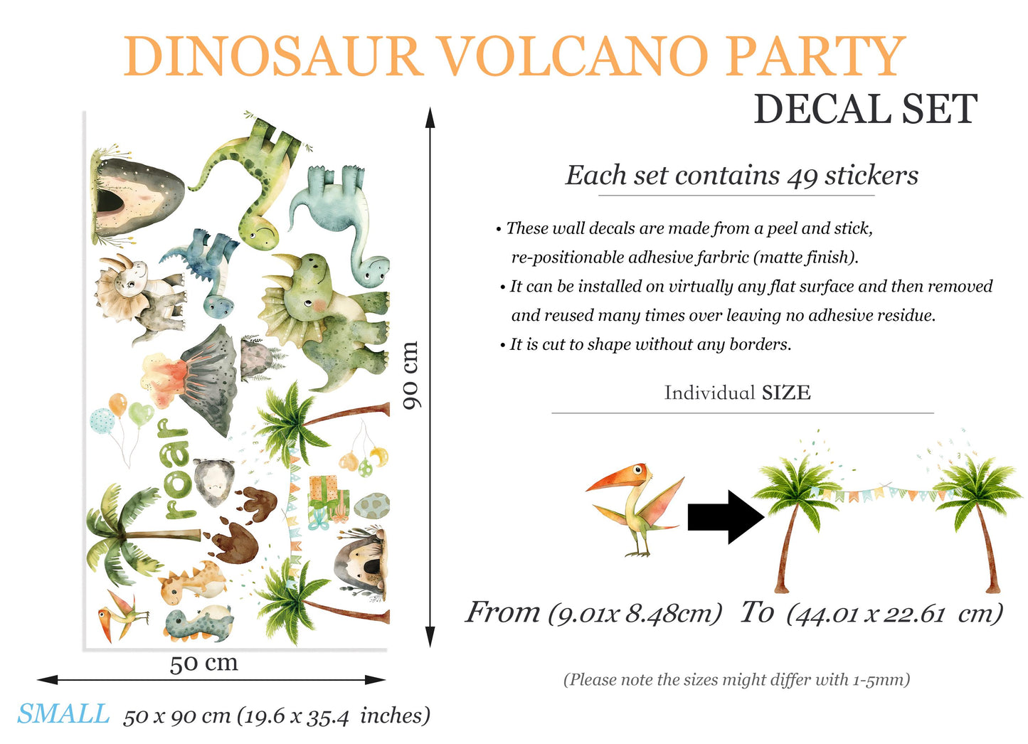 Roaring Dinosaur Jungle Wall Decal – Watercolor Dino Nursery Sticker – Reusable Peel and Stick Fabric for Baby Room