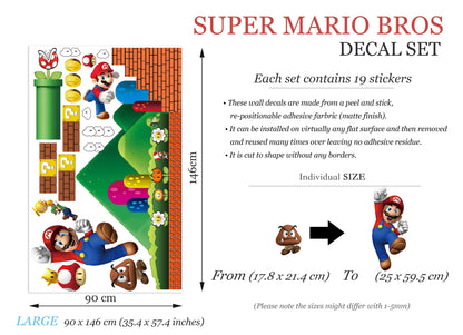 Super Mario Bros Wall Decal for Kids Room – Removable Fabric Sticker Set – Large & Small Sizes Available