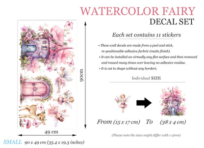 Whimsical Fairy Door & Cottage Wall Decals – Pink Flowers, Fairies, Deer – Girls Bedroom Removable Fabric Stickers
