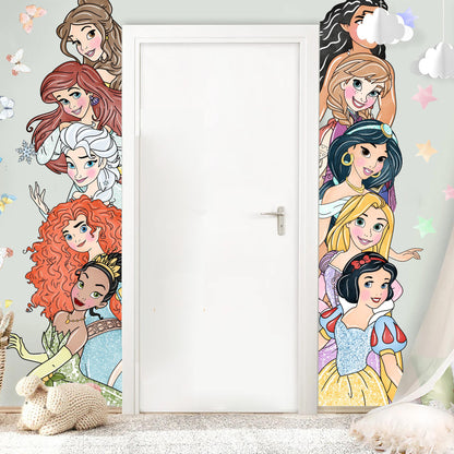 Princess Wall Decal for Girls Room – Cartoon Door Height Sticker | Peel and Stick Fabric Mural | 2 Sets Available